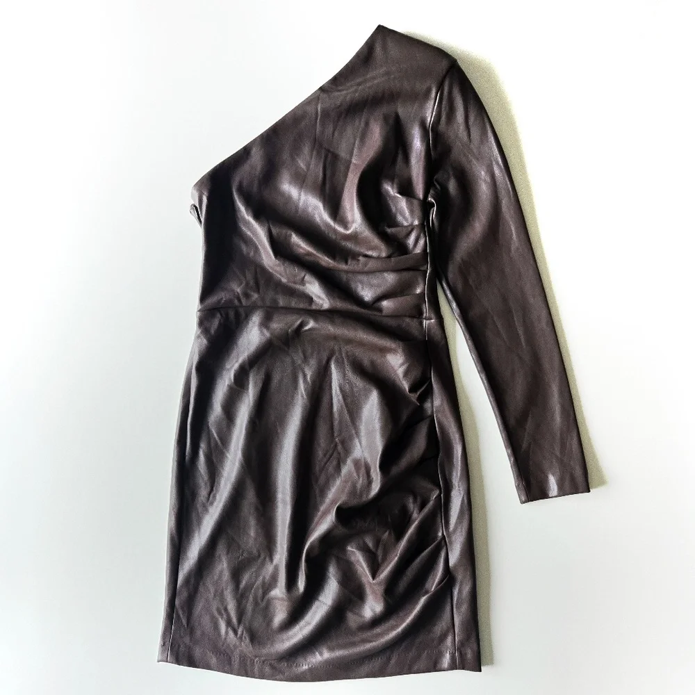 Express Brown One Shoulder Faux Leather Mini Dress